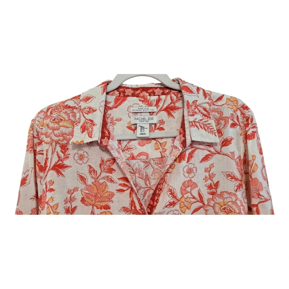 Rachel Zoe Womens XL Orange Floral 100% Linen Button Down Shirt European Flax - Picture 2 of 9